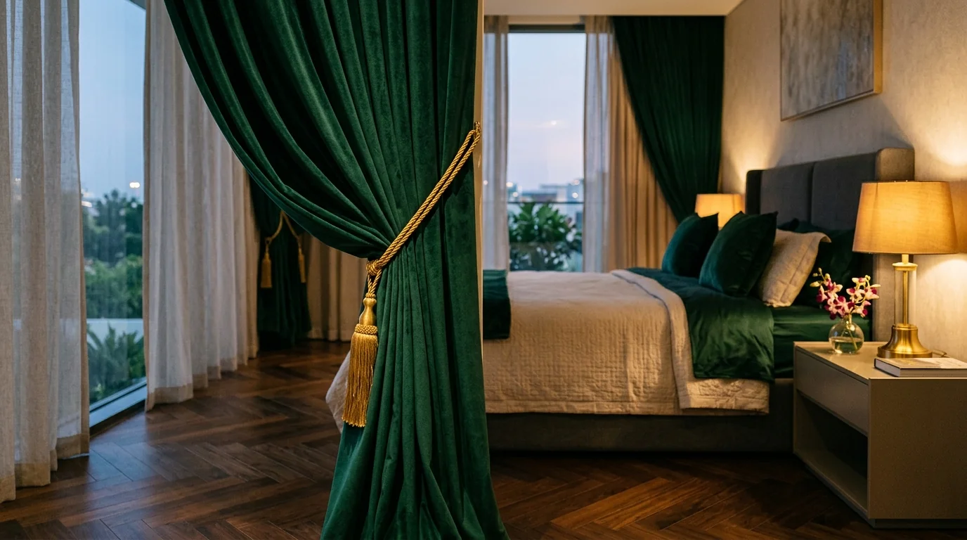 Emerald velvet custom curtains beautifully installed in an Abu Dhabi villa living room by K2 Curtains